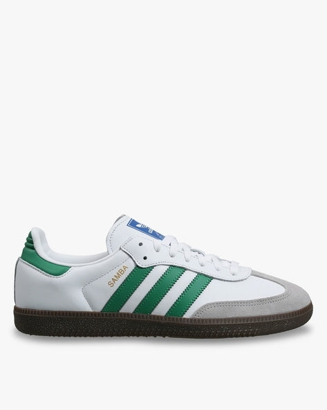 Adidas Samba OG White Green sneaker with suede toe, green stripes, and gum sole by Flaxwears