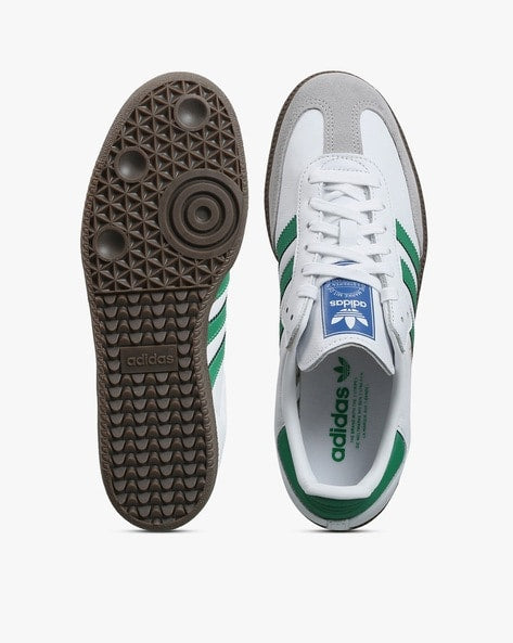 Adidas Samba OG White Green shoes showing top and sole views with classic design and green stripes