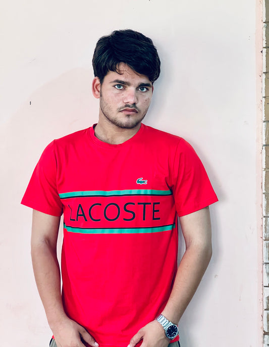 Flaxwears Lacoste red slim fit t-shirt worn by man with green and black logo design