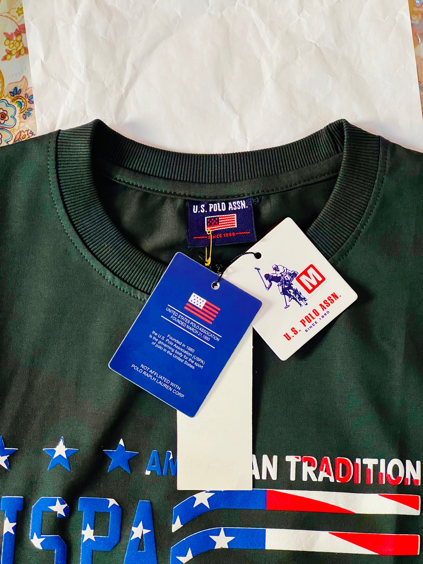 US Polo Assn graphic t-shirt in dark green with American flag and blue star design by Flaxwears