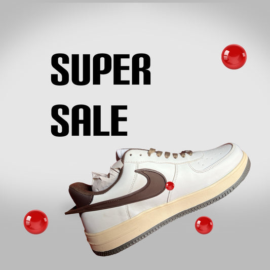 Nike Air Force 1 sneaker in white with brown swoosh and sole on white background with super sale text