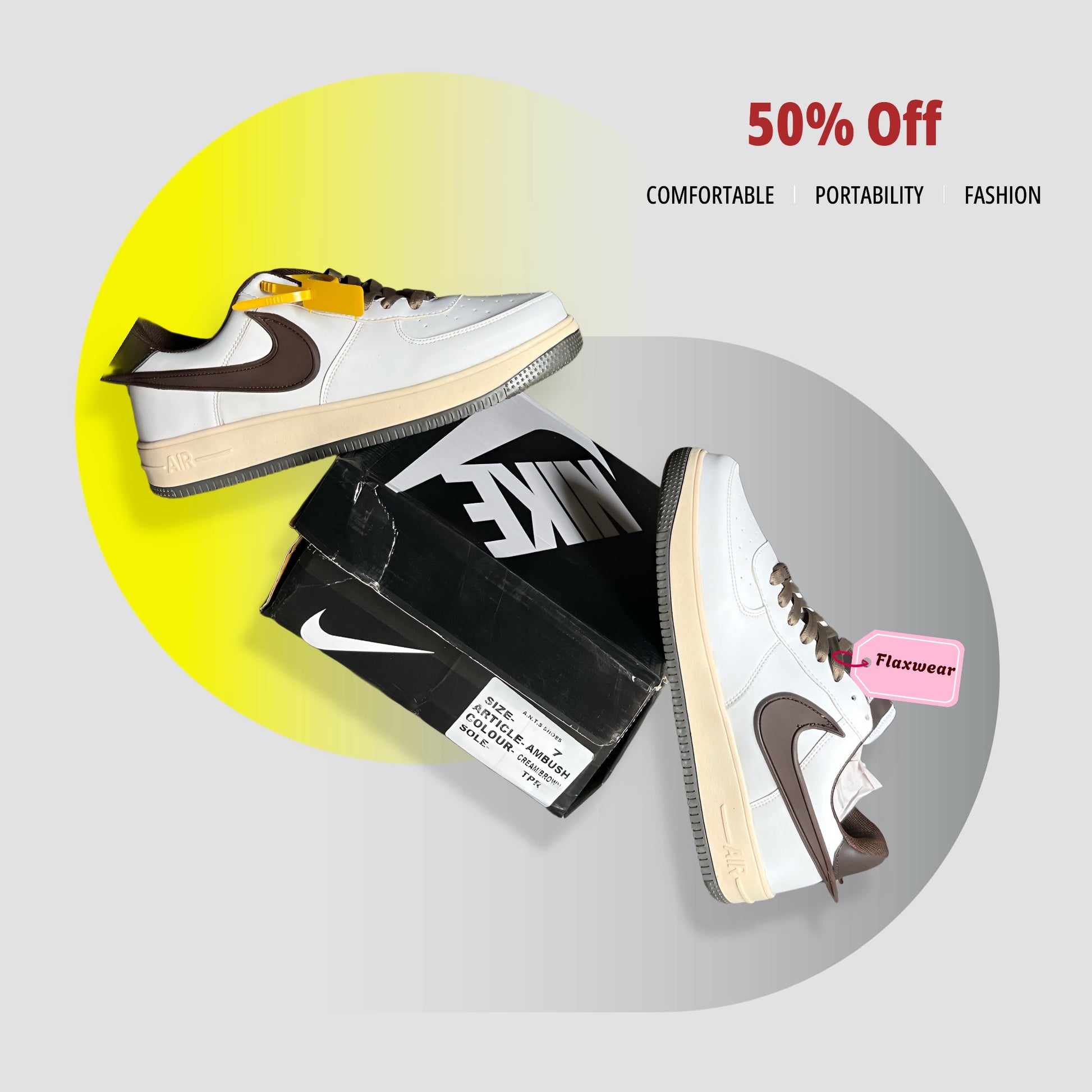 Nike Air Force 1 sneakers in white with brown swoosh and beige sole displayed with Nike box