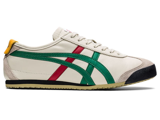 Onitsuka Tiger Mexico 66 white green shoe with retro design and sleek leather upper by Flaxwears