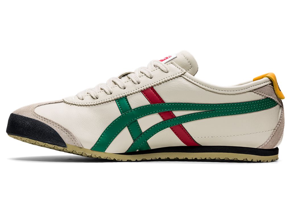 Onitsuka Tiger Mexico 66 white green sneaker with red accents and beige sole by Flaxwears